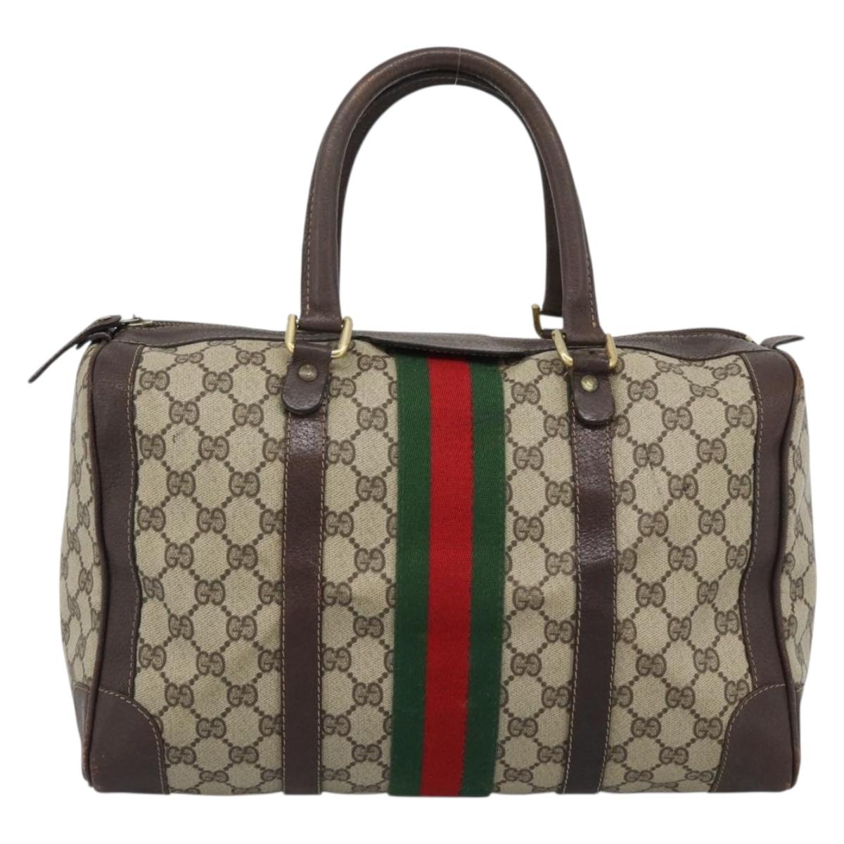 GUCCI GG Supreme Web Sherry Line Boston Bag PVC Beige Gold Auth ar14009