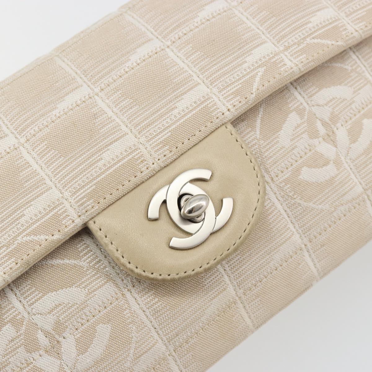 CHANEL New Travel Line Chain Shoulder Bag Canvas Beige Silver CC Auth ar14011SAV