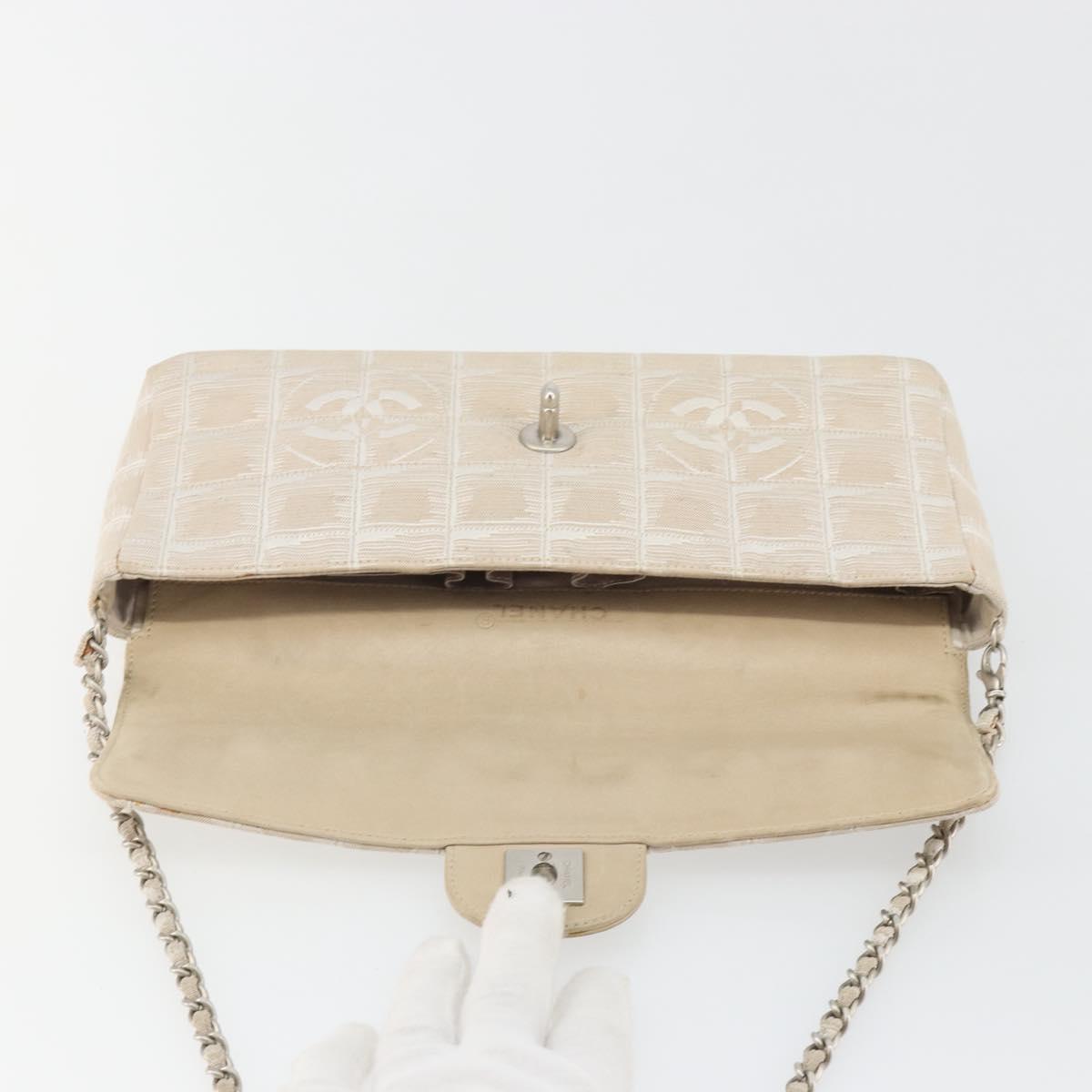 CHANEL New Travel Line Chain Shoulder Bag Canvas Beige Silver CC Auth ar14011SAV