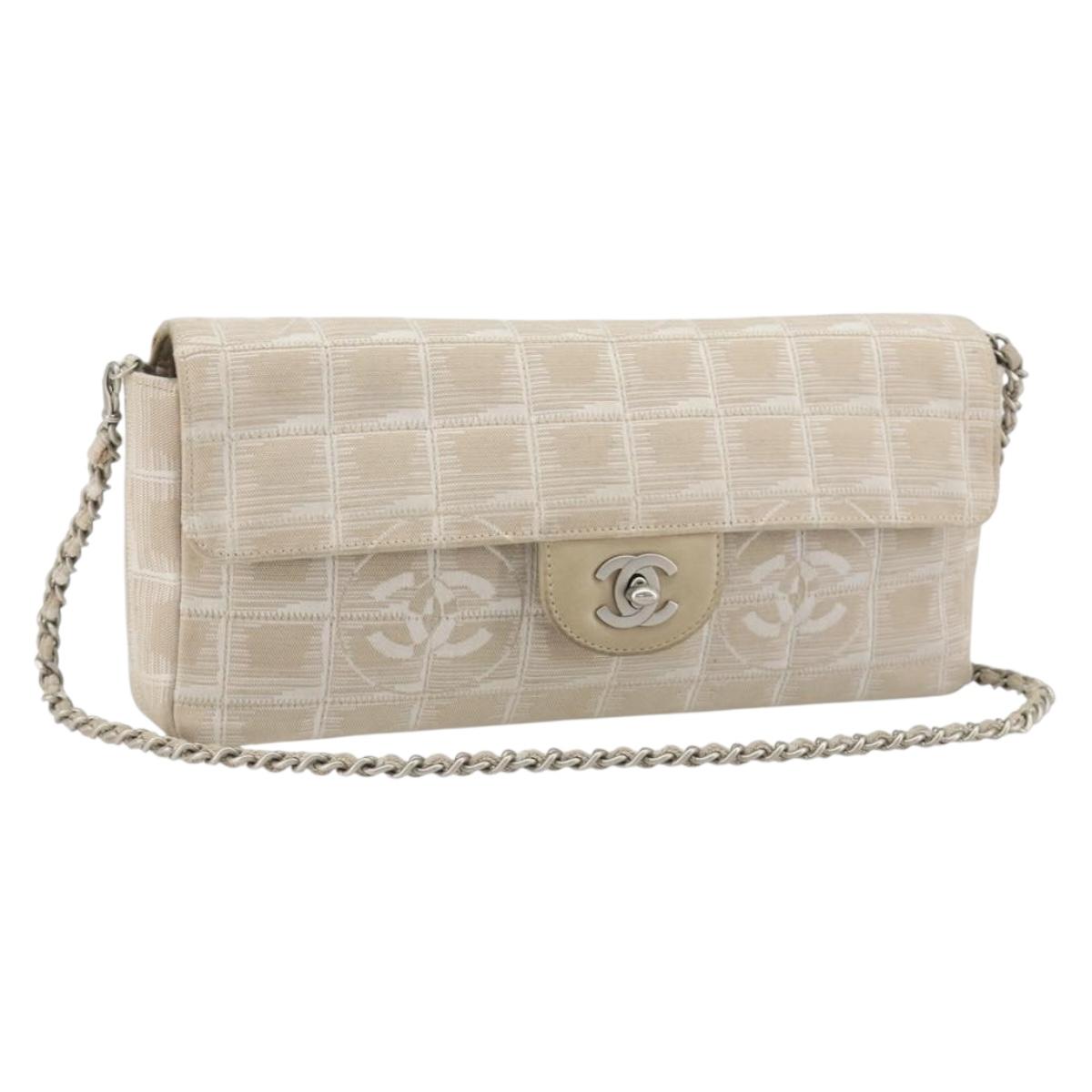 CHANEL New Travel Line Chain Shoulder Bag Canvas Beige Silver CC Auth ar14011SAV