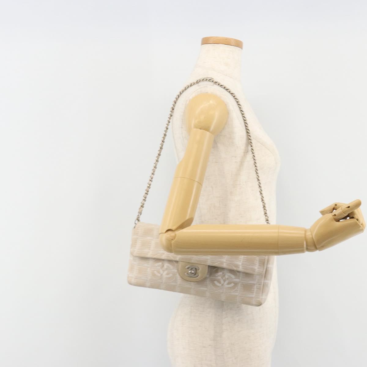 CHANEL New Travel Line Chain Shoulder Bag Canvas Beige Silver CC Auth ar14011SAV