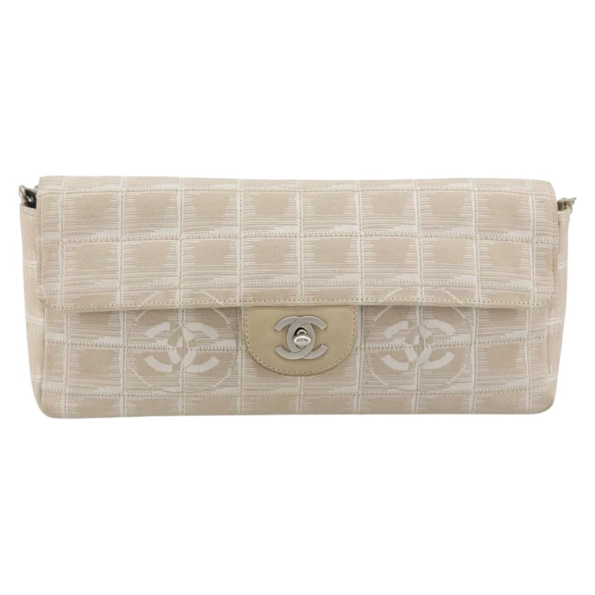 CHANEL New Travel Line Chain Shoulder Bag Canvas Beige Silver CC Auth ar14011SAV