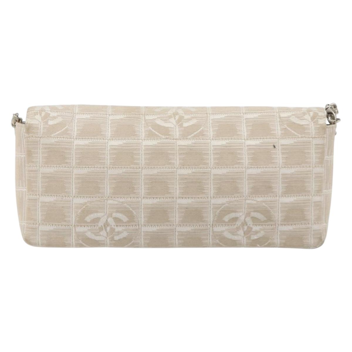 CHANEL New Travel Line Chain Shoulder Bag Canvas Beige Silver CC Auth ar14011SAV