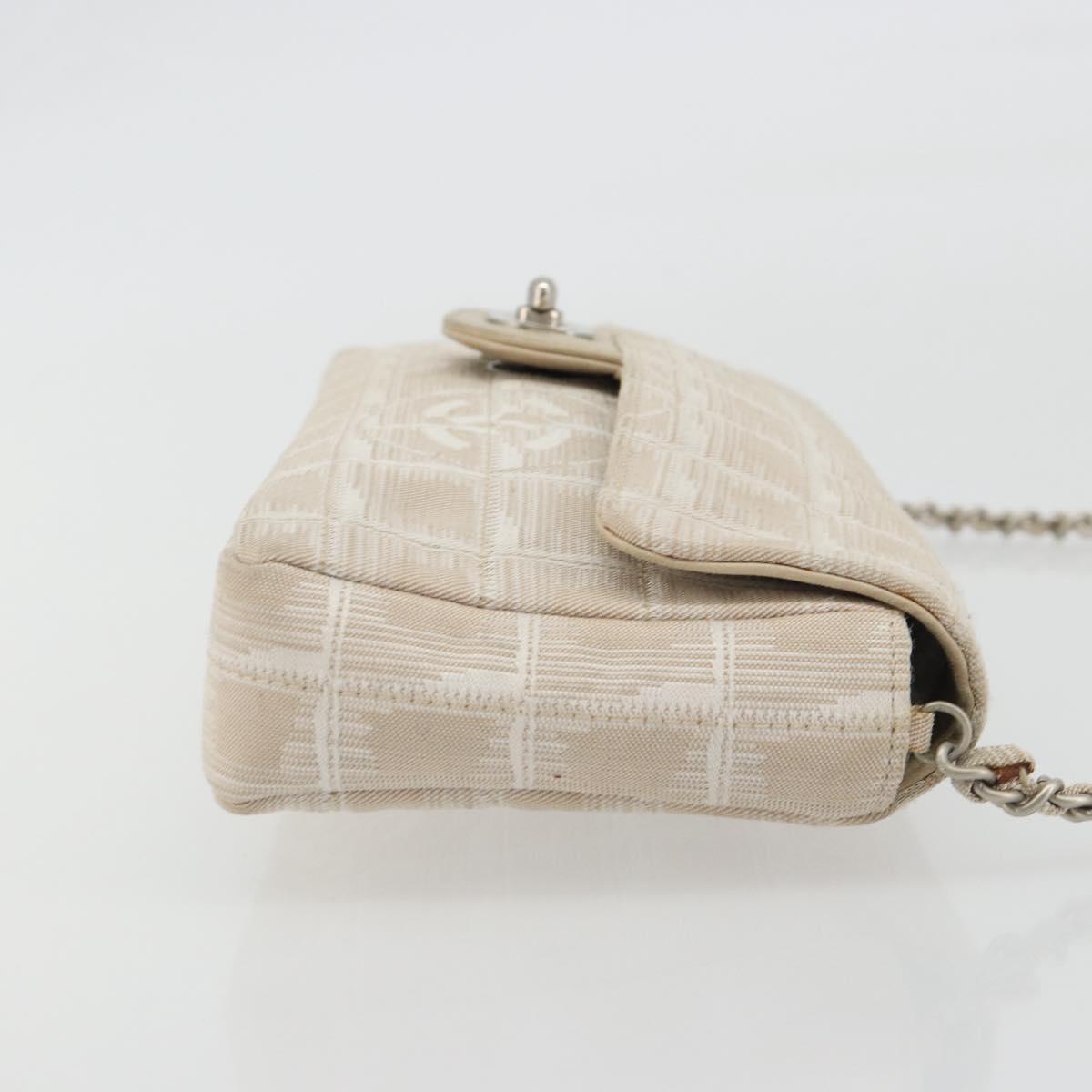 CHANEL New Travel Line Chain Shoulder Bag Canvas Beige Silver CC Auth ar14011SAV