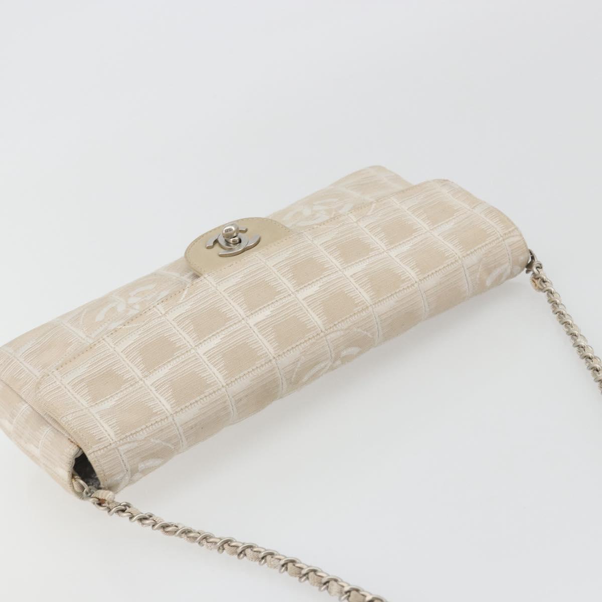 CHANEL New Travel Line Chain Shoulder Bag Canvas Beige Silver CC Auth ar14011SAV