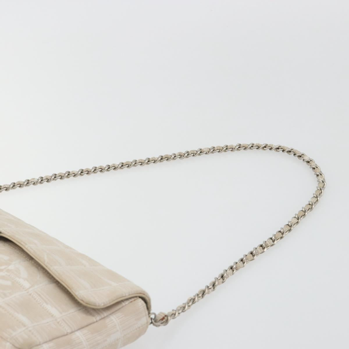 CHANEL New Travel Line Chain Shoulder Bag Canvas Beige Silver CC Auth ar14011SAV