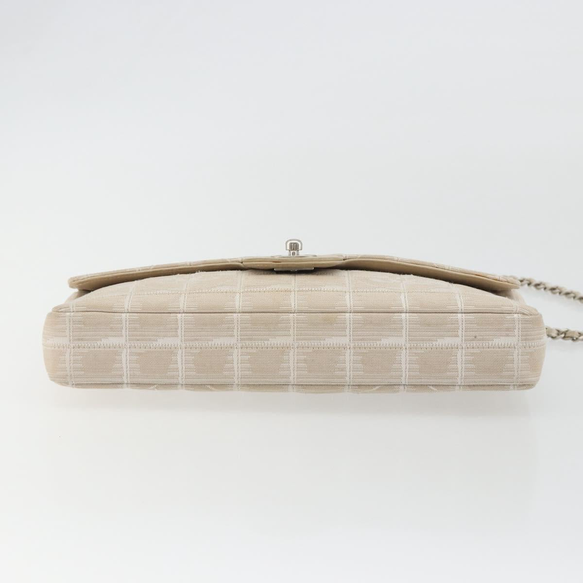 CHANEL New Travel Line Chain Shoulder Bag Canvas Beige Silver CC Auth ar14011SAV