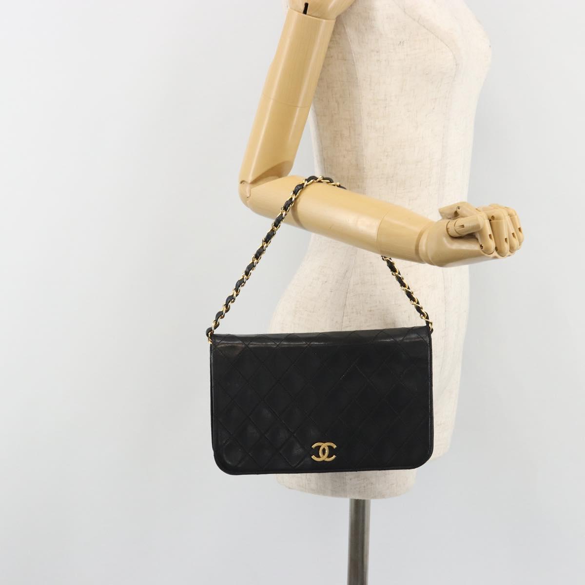 CHANEL Matelasse Chain Hand Bag Lamb Skin Black Gold CC Auth ar14020