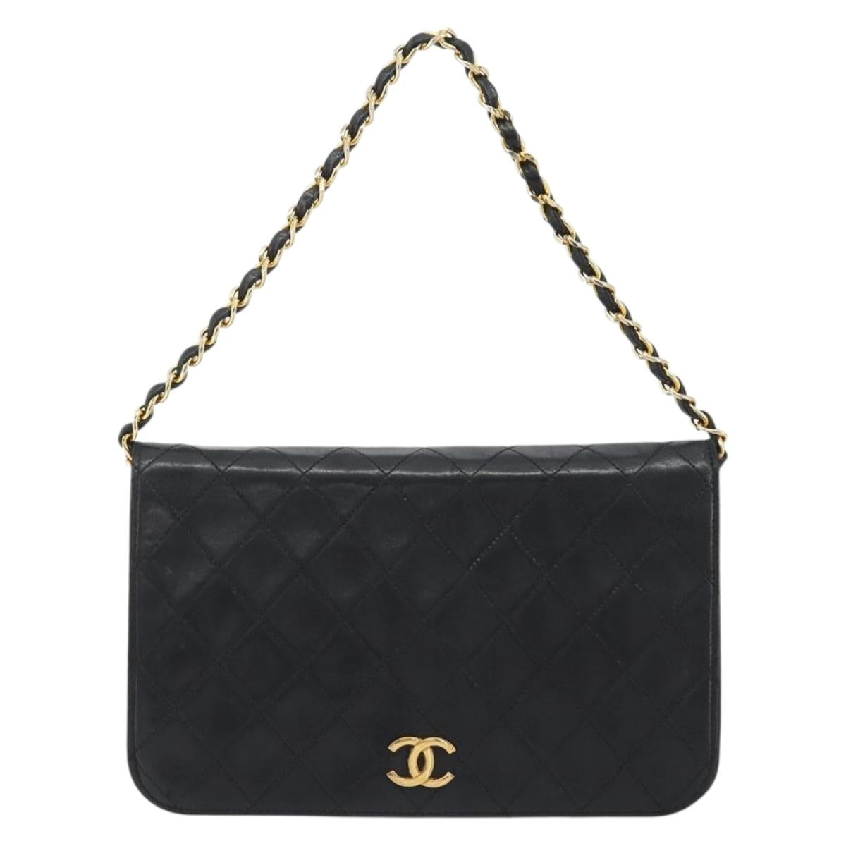 CHANEL Matelasse Chain Hand Bag Lamb Skin Black Gold CC Auth ar14020