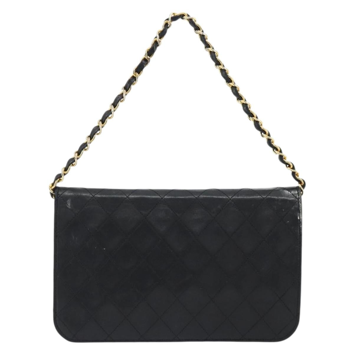 CHANEL Matelasse Chain Hand Bag Lamb Skin Black Gold CC Auth ar14020