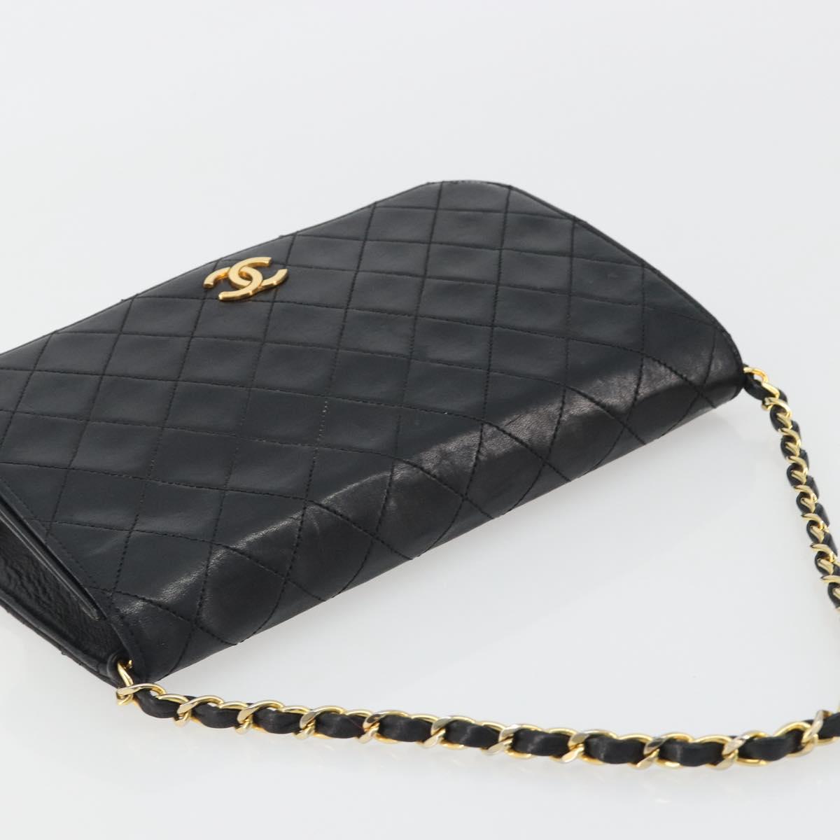 CHANEL Matelasse Chain Hand Bag Lamb Skin Black Gold CC Auth ar14020