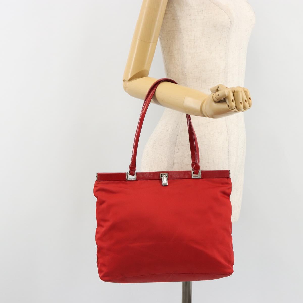 PRADA Hand Bag Nylon Red Silver Auth ar14026