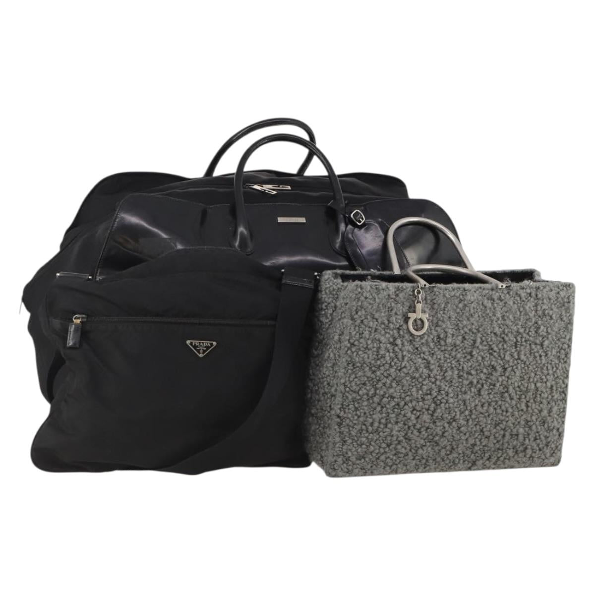 Salvatore Ferragamo PRADA Gucci Bag Nylon Leather Boa 3 Set Black Auth ar14034