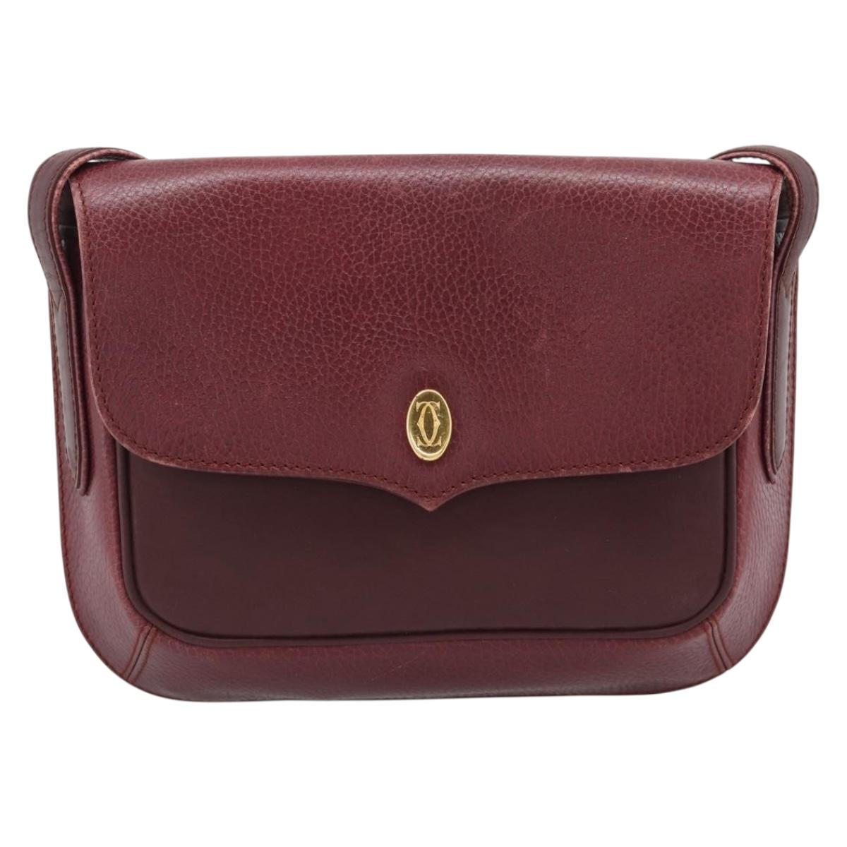 CARTIER Must Line Shoulder Bag Leather Bordeaux Gold Auth ar14050