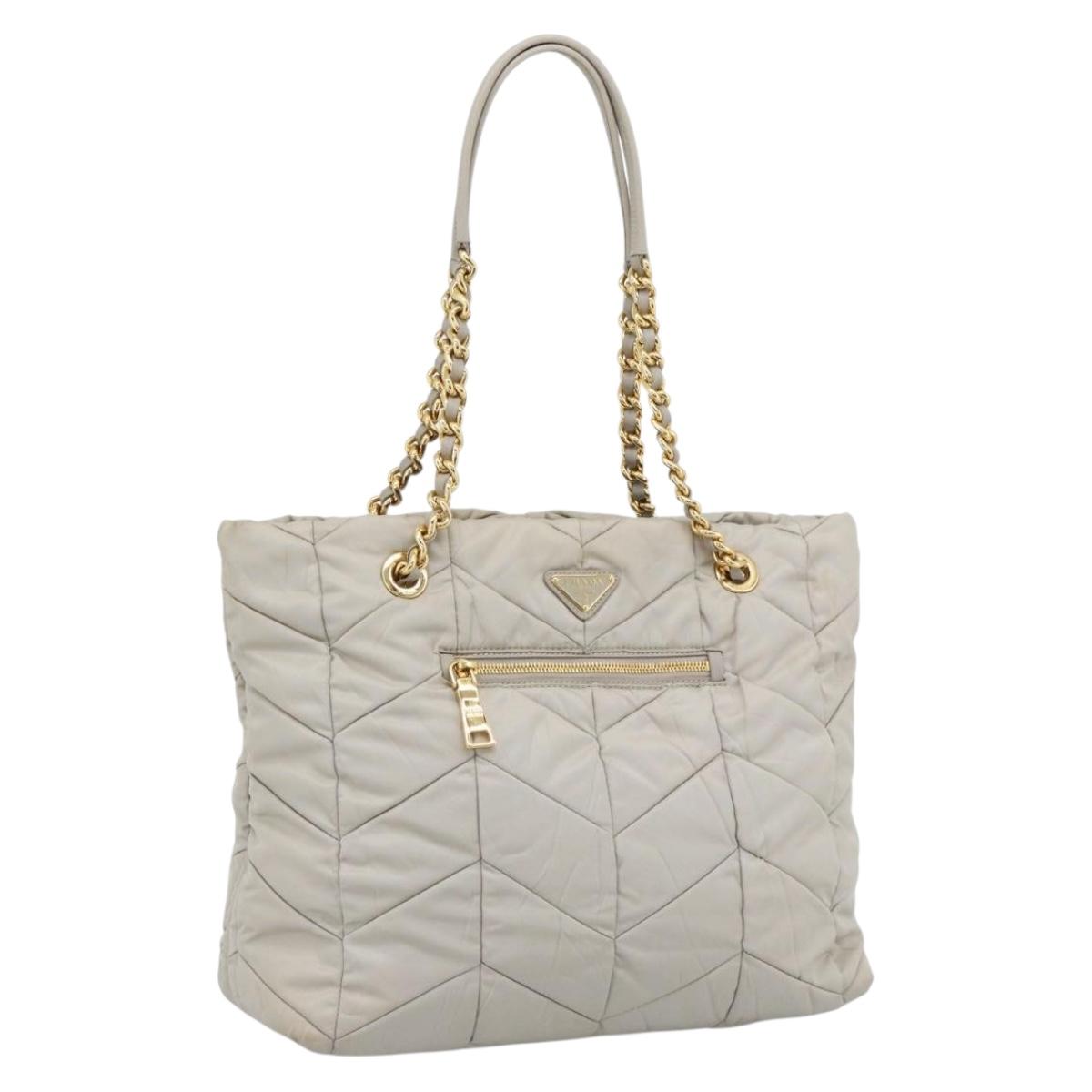 PRADA Chain Tote Bag Nylon Gray Gold Auth ar14053V