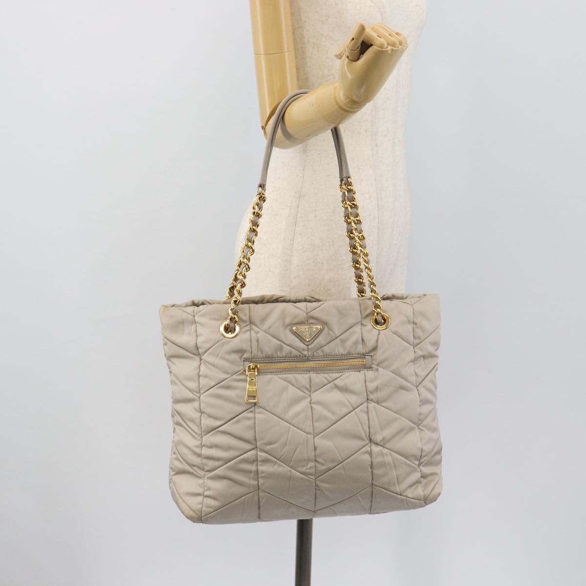 PRADA Chain Tote Bag Nylon Gray Gold Auth ar14053V