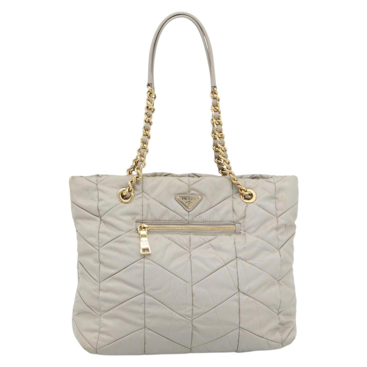 PRADA Chain Tote Bag Nylon Gray Gold Auth ar14053V