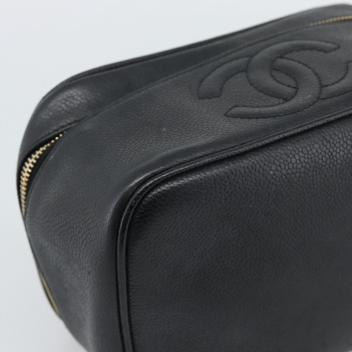 CHANEL COCO Mark Vanity Cosmetic Pouch Caviar Skin Black Gold CC Auth ar14059