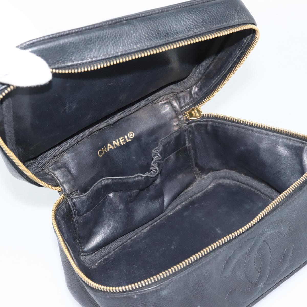 CHANEL COCO Mark Vanity Cosmetic Pouch Caviar Skin Black Gold CC Auth ar14059