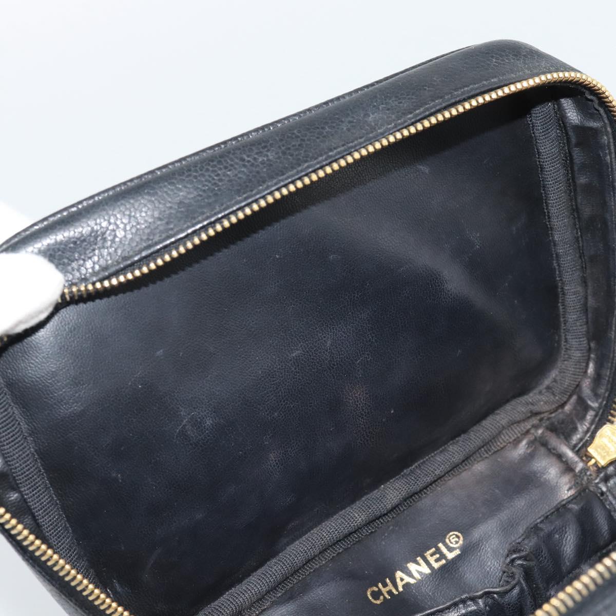 CHANEL COCO Mark Vanity Cosmetic Pouch Caviar Skin Black Gold CC Auth ar14059