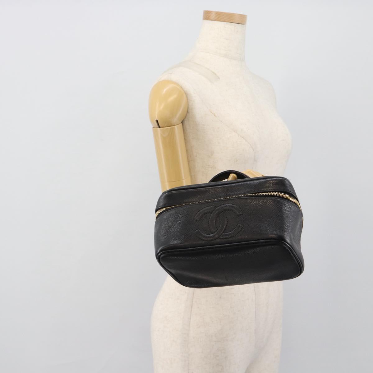 CHANEL COCO Mark Vanity Cosmetic Pouch Caviar Skin Black Gold CC Auth ar14059