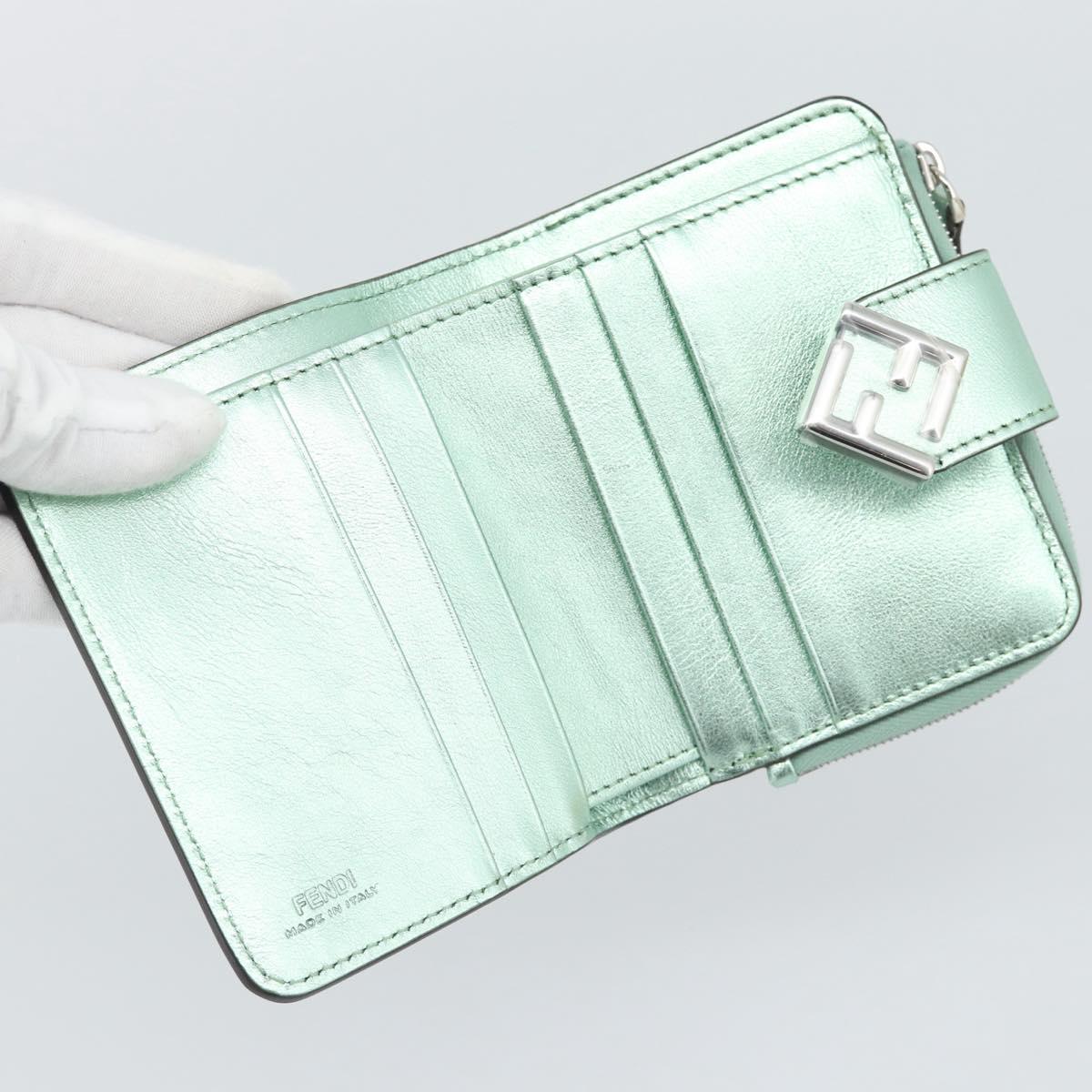 FENDI Compact Wallet Leather Green Silver 8M0490 Auth ar14064M