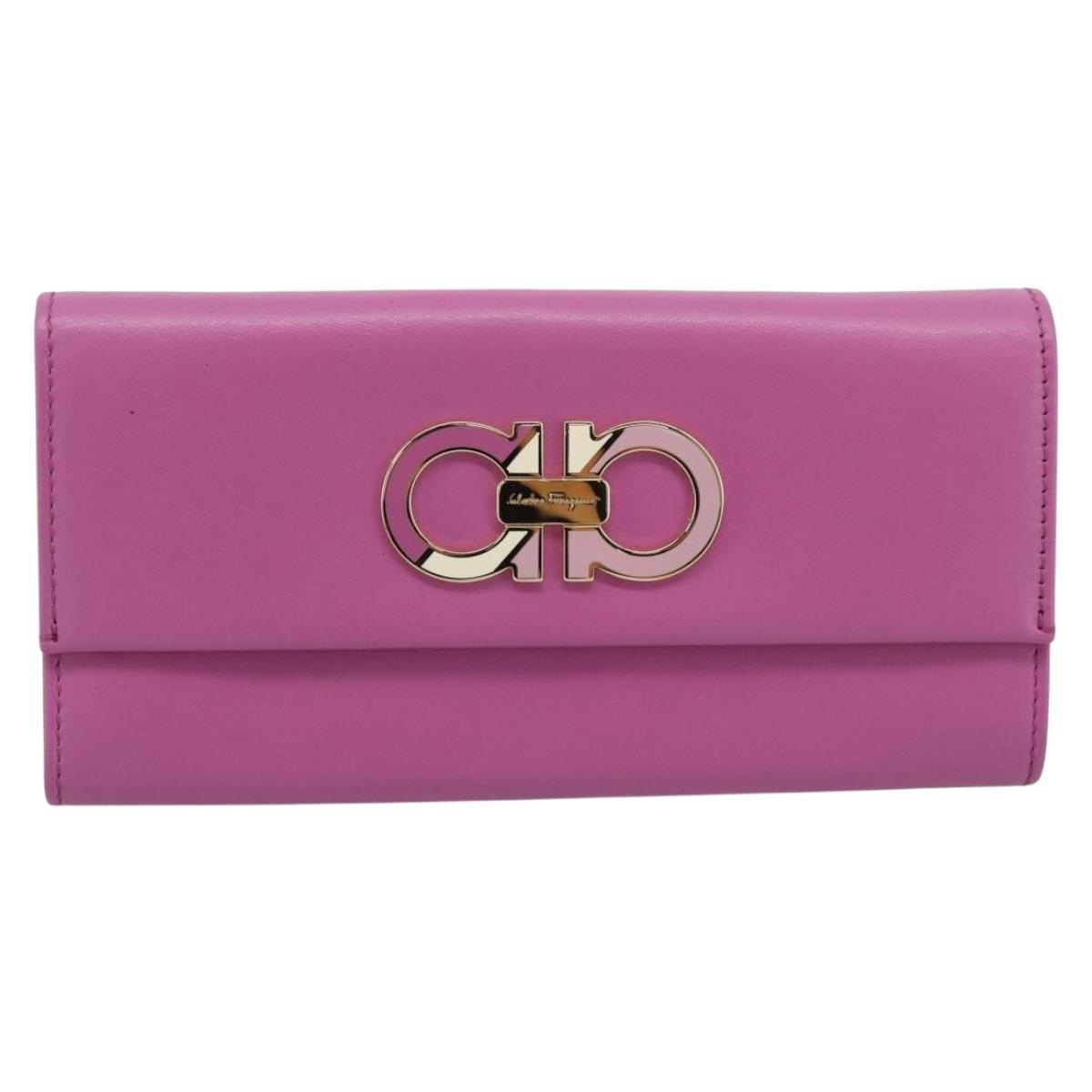 Salvatore Ferragamo Gancini Long Wallet Leather Pink Gold Auth ar14073V