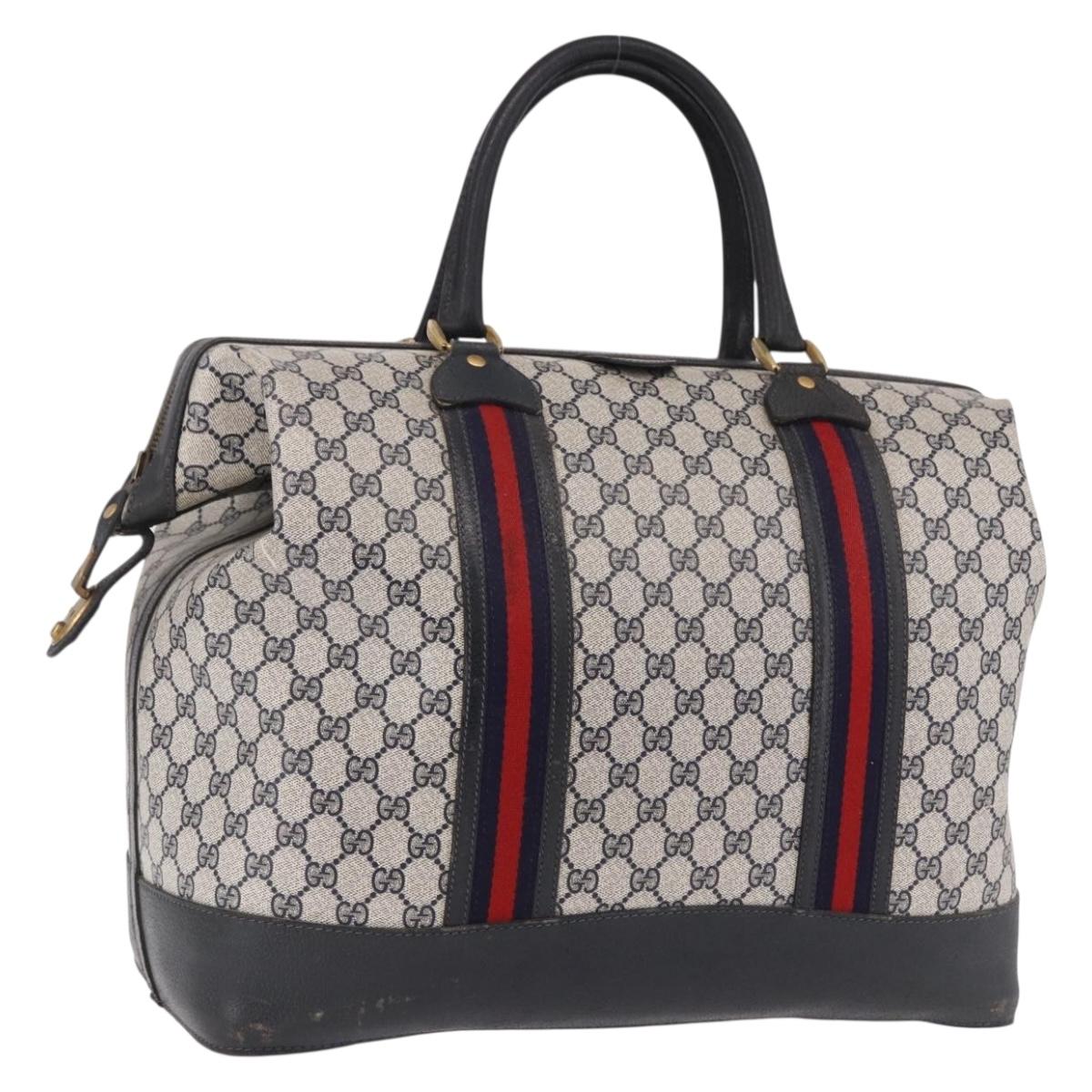GUCCI GG Supreme Boston Bag PVC Leather Navy Gold Auth ar14078