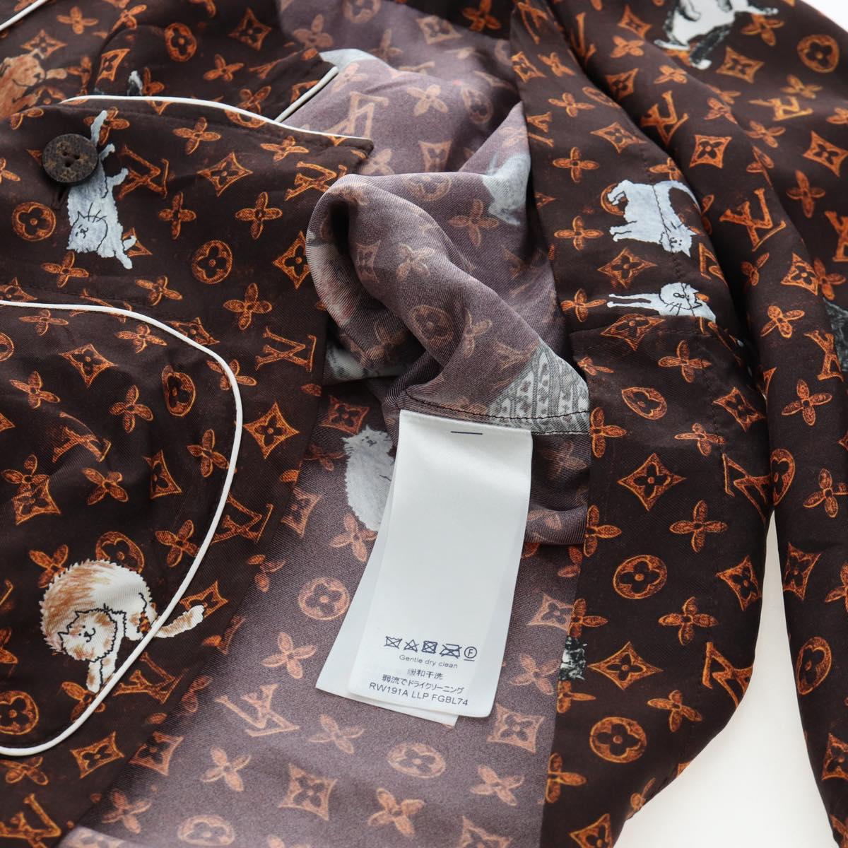 LOUIS VUITTON Catgram Long Sleeve Shirt Silk 40 Brown LV Auth ar14094
