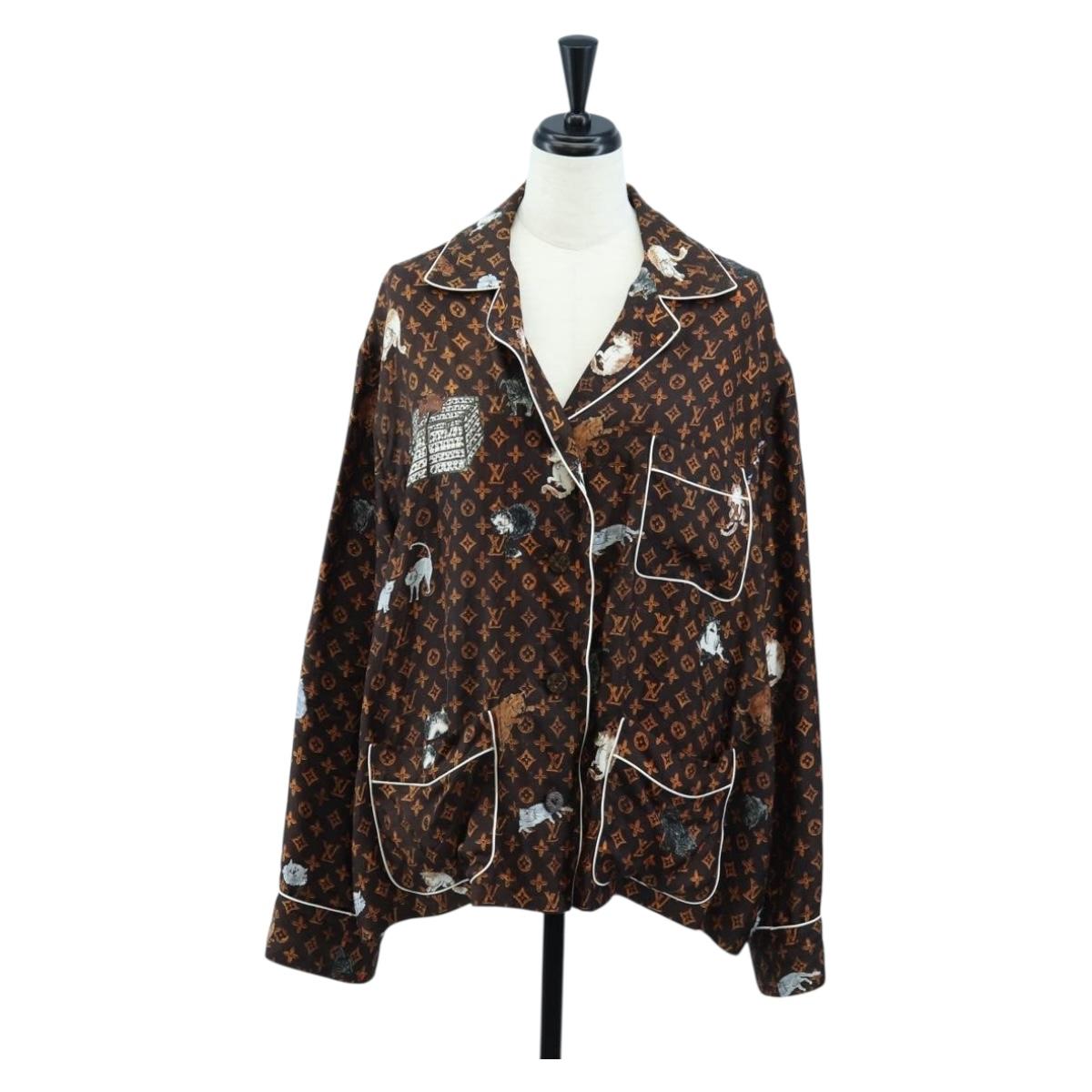 LOUIS VUITTON Catgram Long Sleeve Shirt Silk 40 Brown LV Auth ar14094