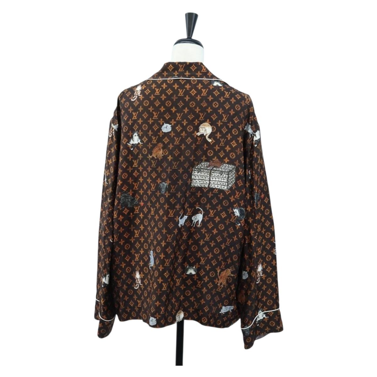 LOUIS VUITTON Catgram Long Sleeve Shirt Silk 40 Brown LV Auth ar14094