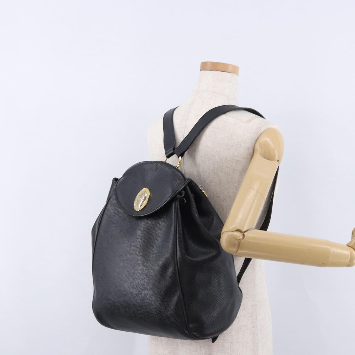 Christian Dior Backpack Leather Black Gold Tone Auth ar14096A