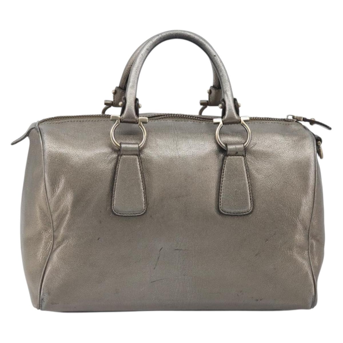 LOUIS VUITTON Gancini Hand Bag Leather Silver LV Auth ar14110
