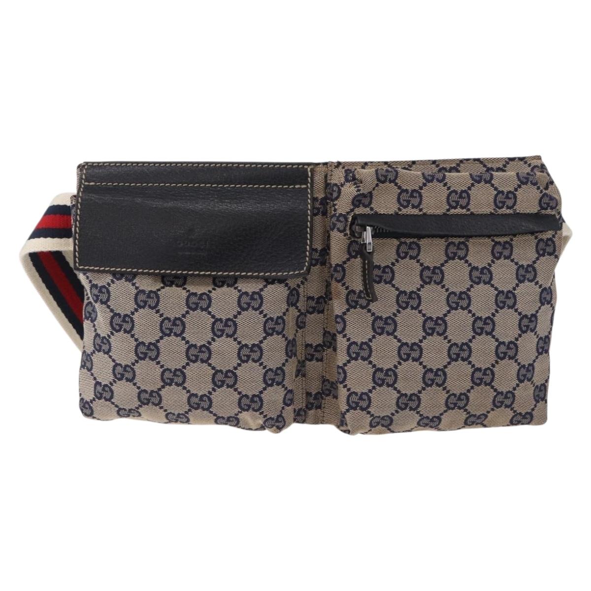 GUCCI GG Canvas Sherry Line Waist Bag Navy Silver 28566 Auth ar14112