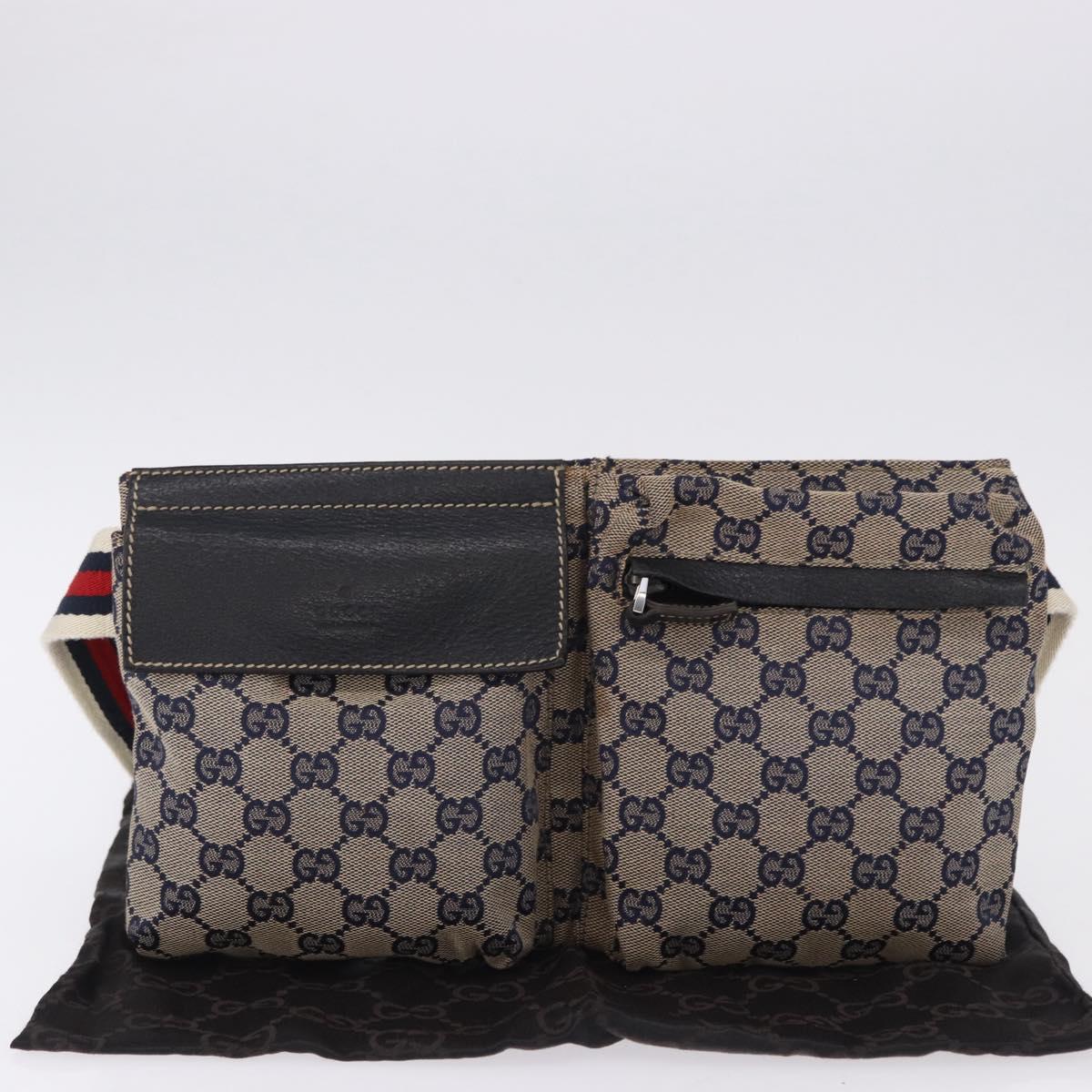 GUCCI GG Canvas Sherry Line Waist Bag Navy Silver 28566 Auth ar14112