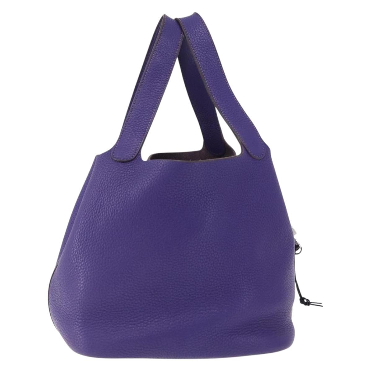HERMES Picotan Lock MM Hand Bag Leather Purple Silver Auth ar14140SM