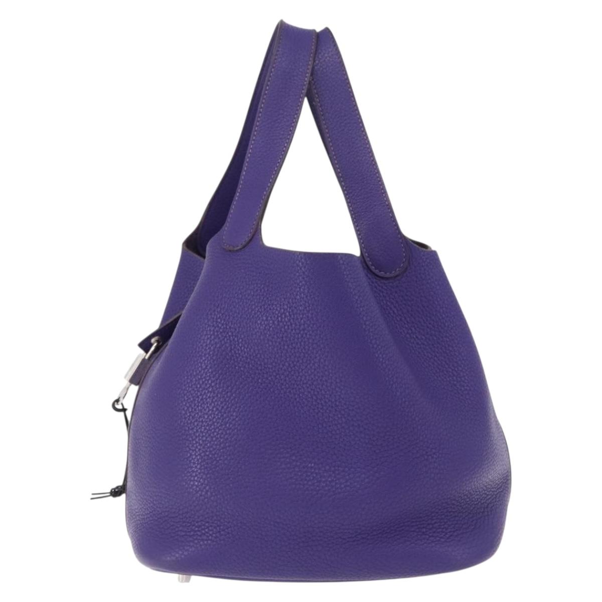 HERMES Picotan Lock MM Hand Bag Leather Purple Silver Auth ar14140SM