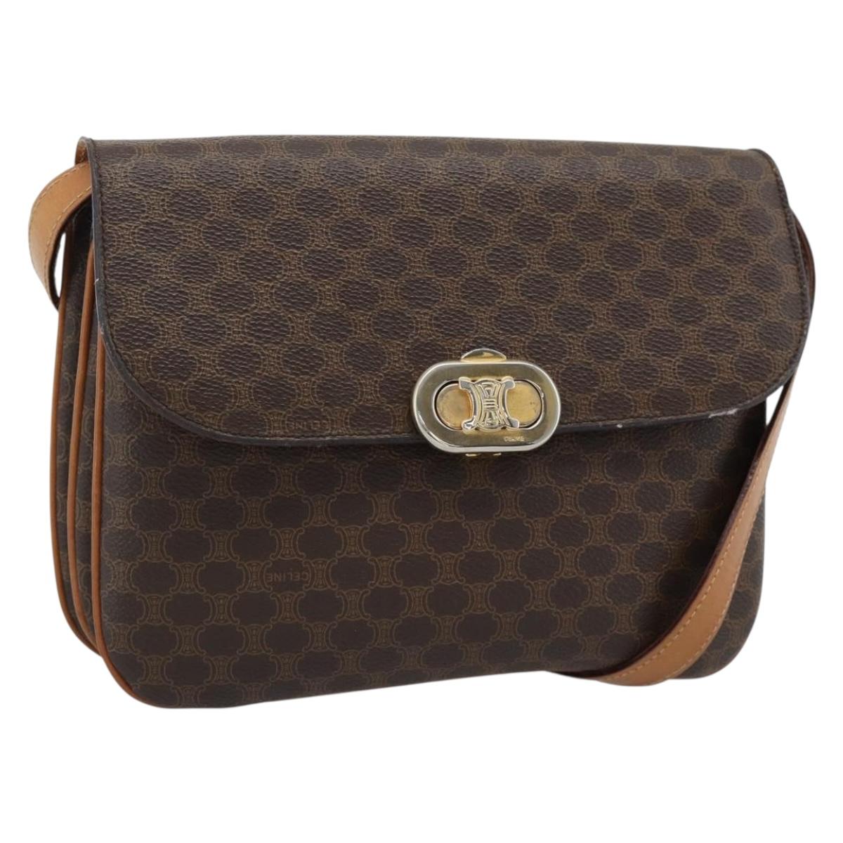 CELINE Macadam Shoulder Bag PVC Leather Brown Gold Tone Auth ar14141A