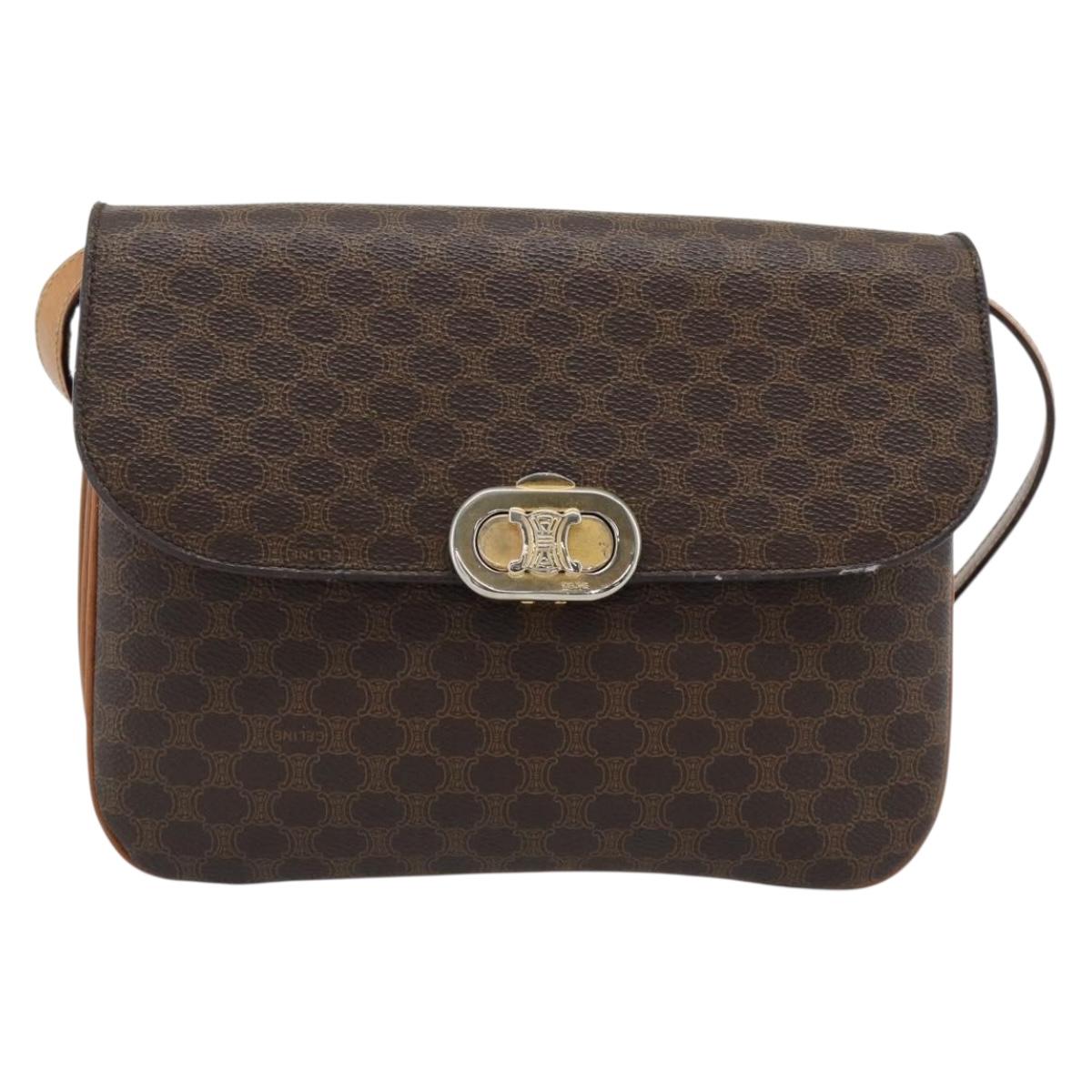 CELINE Macadam Shoulder Bag PVC Leather Brown Gold Tone Auth ar14141A