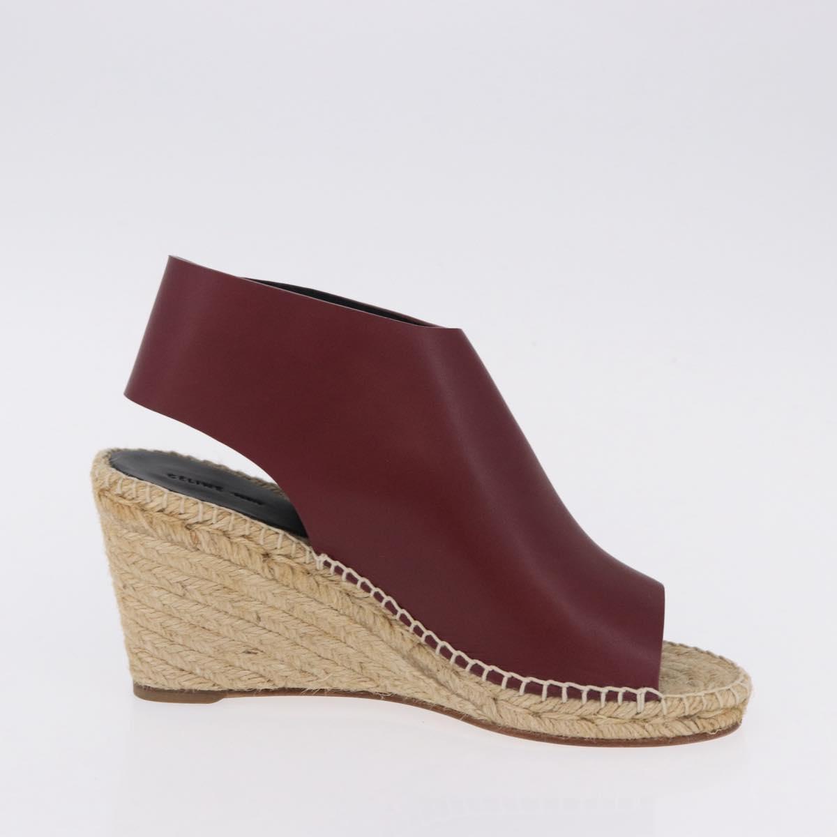 CELINE Raffia Wedge Sole Sandals EU37 Beige Bordeaux Auth ar14143M