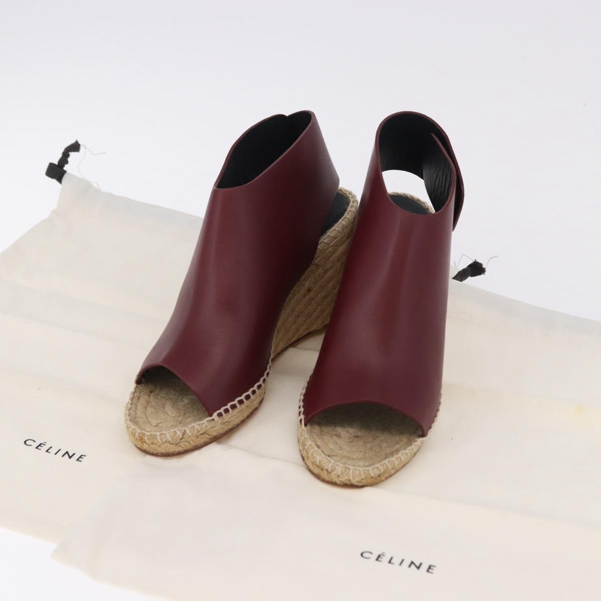 CELINE Raffia Wedge Sole Sandals EU37 Beige Bordeaux Auth ar14143M