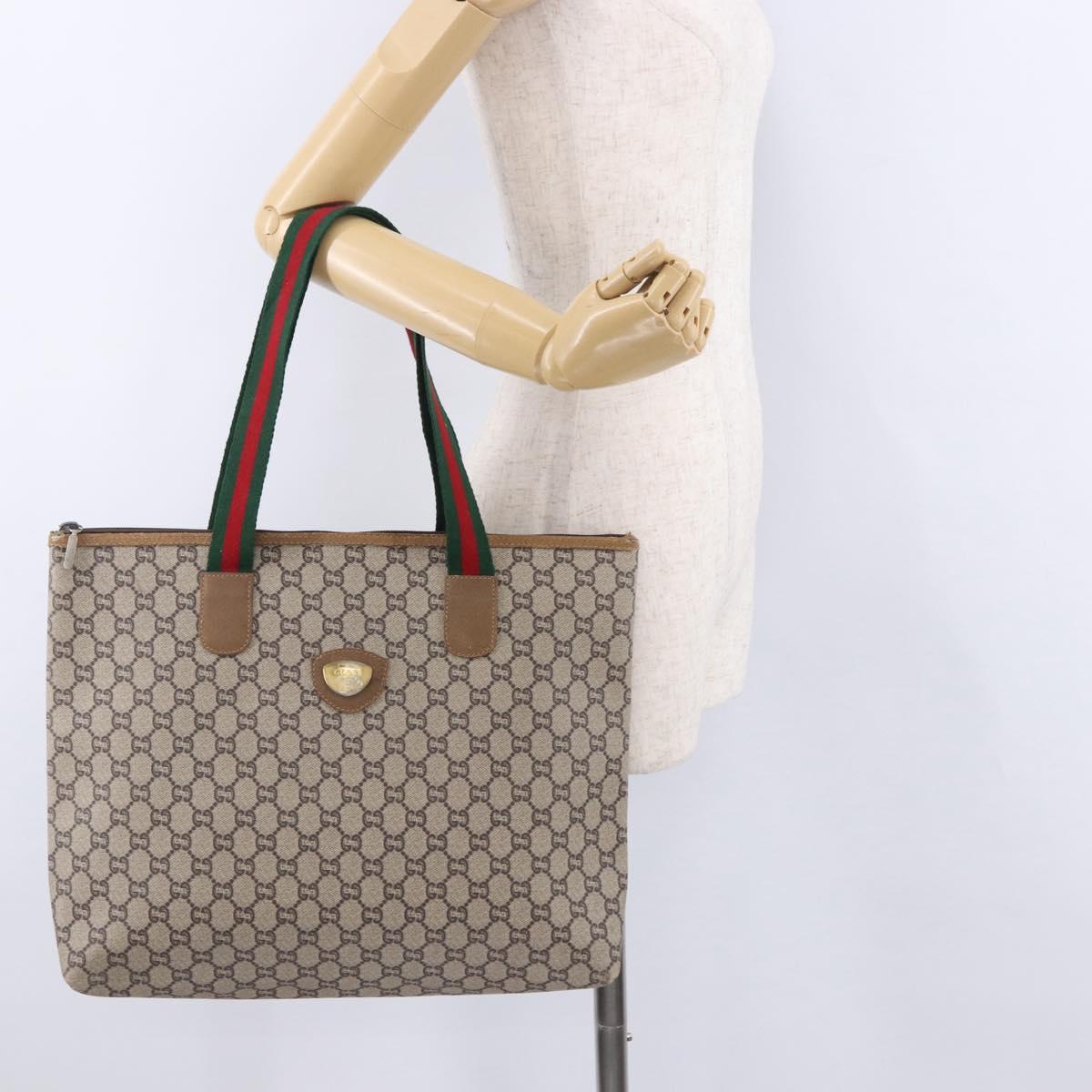 GUCCI GG Plus Supreme Web Sherry Line Tote Bag PVC Beige Gold Auth ar14150