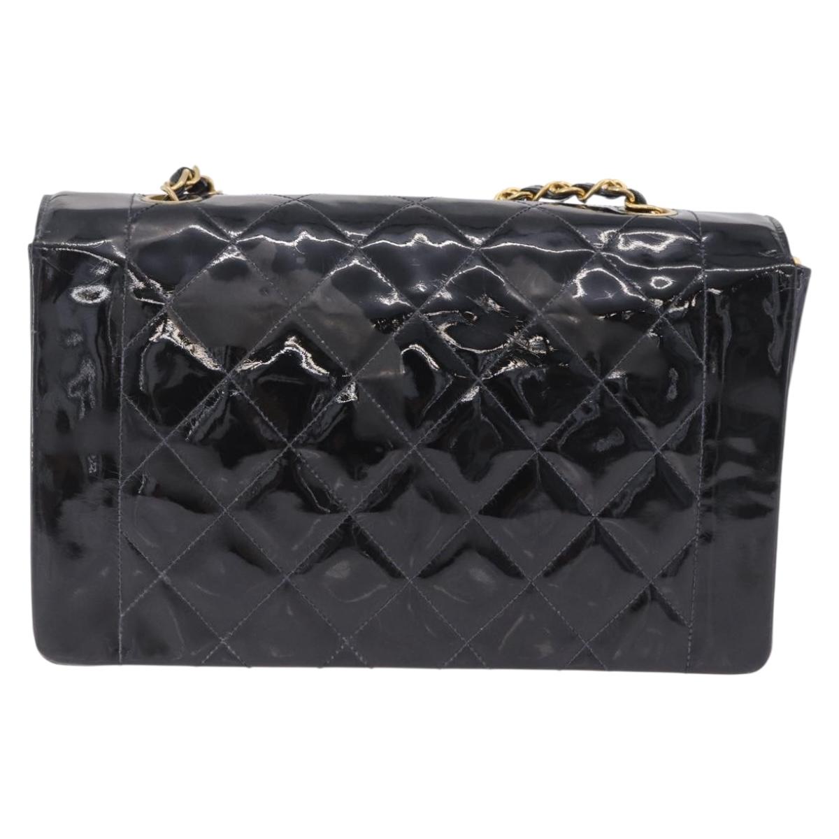CHANEL Diana Chain Shoulder Bag Patent Black Gold Tone CC Auth ar14163A