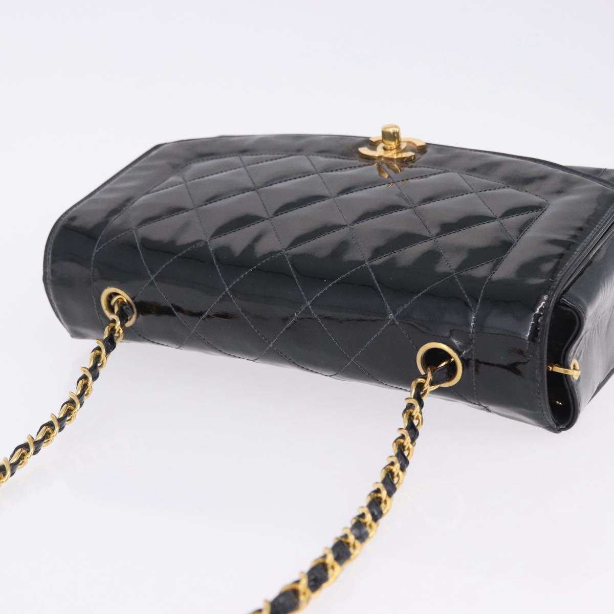 CHANEL Diana Chain Shoulder Bag Patent Black Gold Tone CC Auth ar14163A