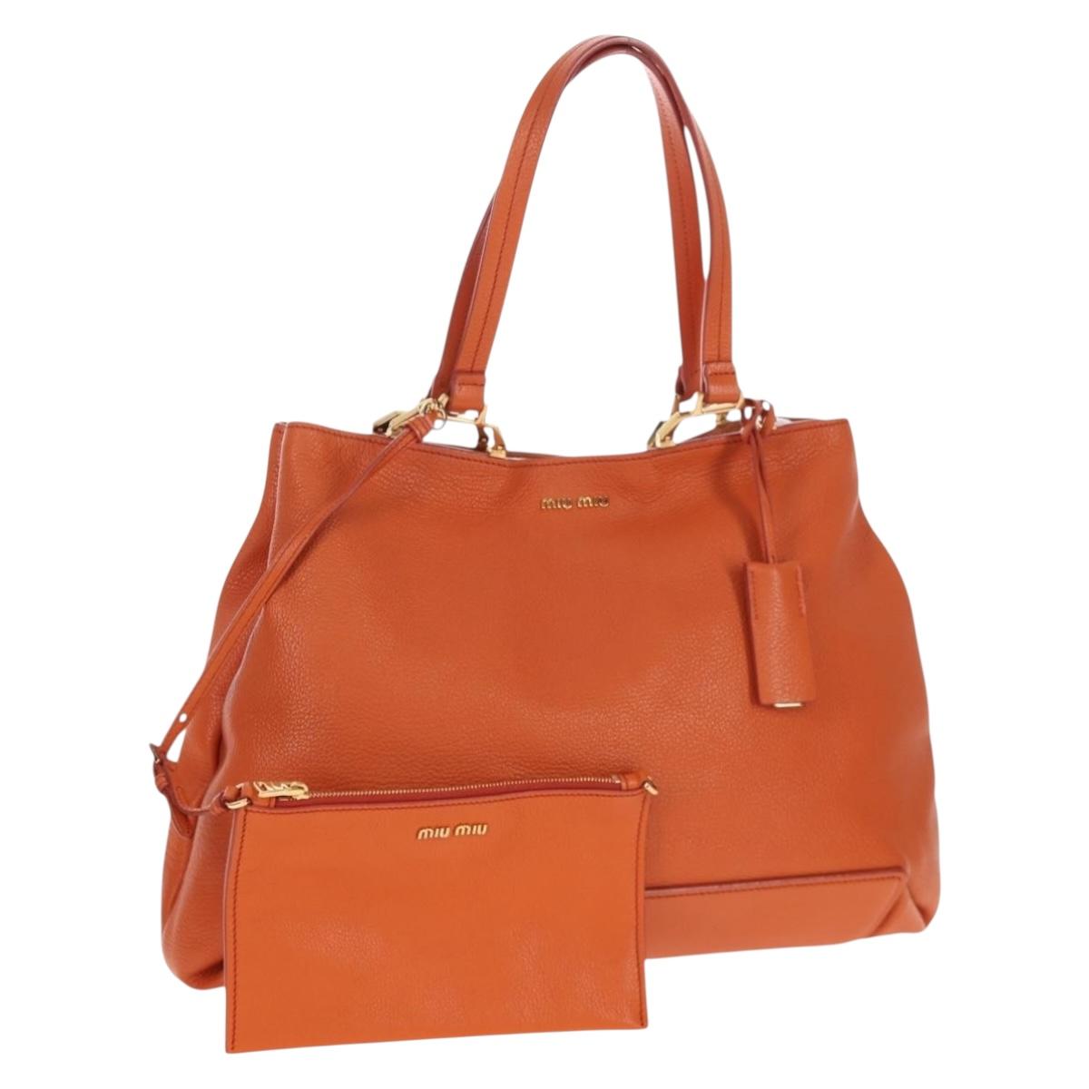 Miu Miu Tote Bag Leather Orange Gold Tone Auth ar14165V