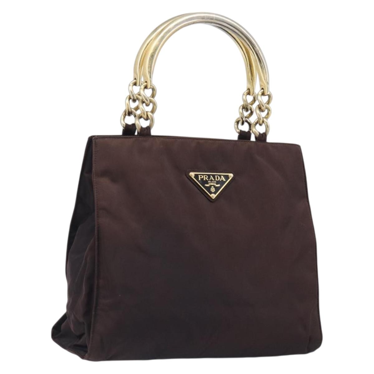 PRADA Hand Bag Nylon Brown Gold Tone Auth ar14174