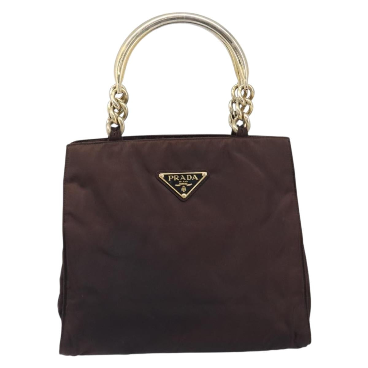 PRADA Hand Bag Nylon Brown Gold Tone Auth ar14174