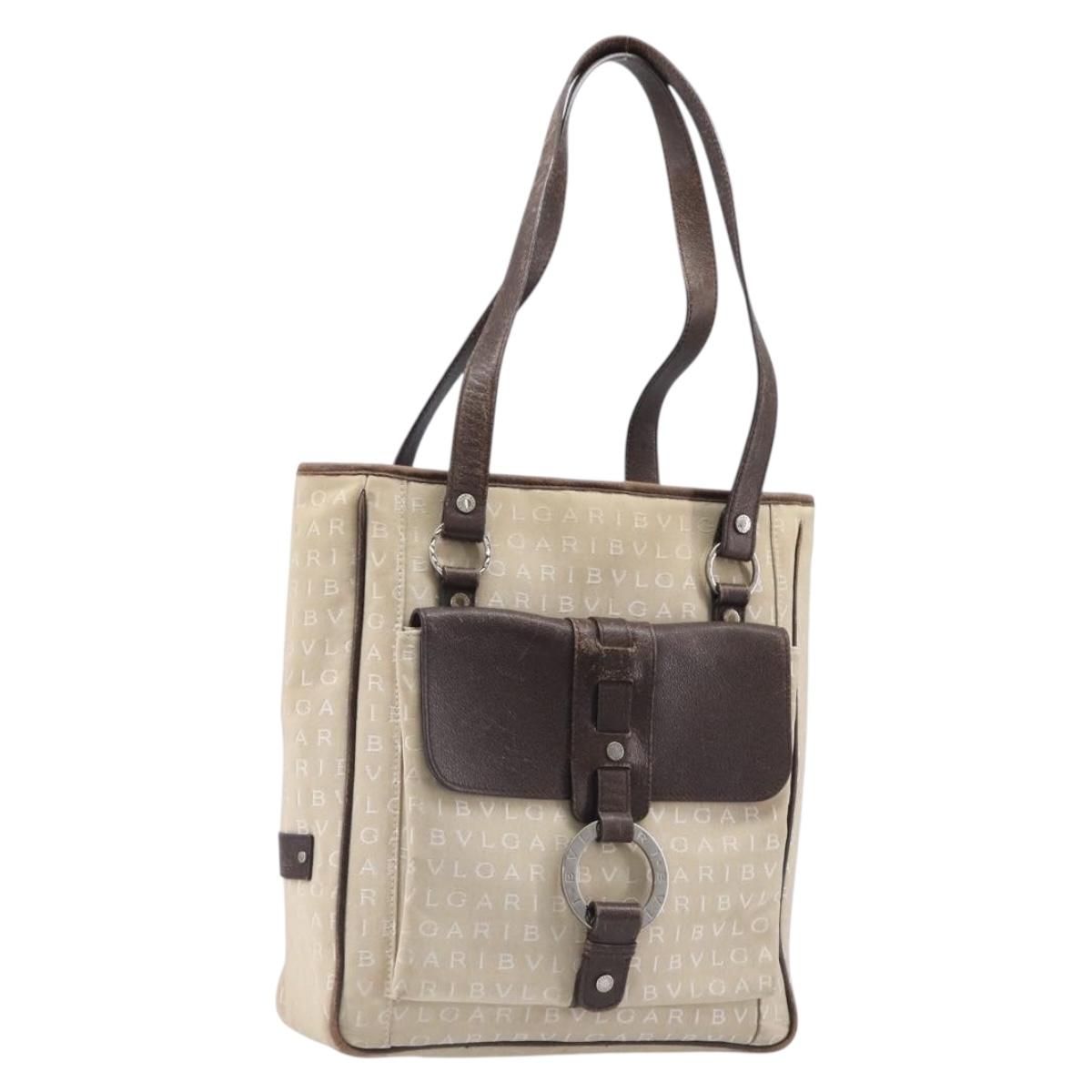 BVLGARI Tote Bag Canvas Beige Silver Auth ar14179