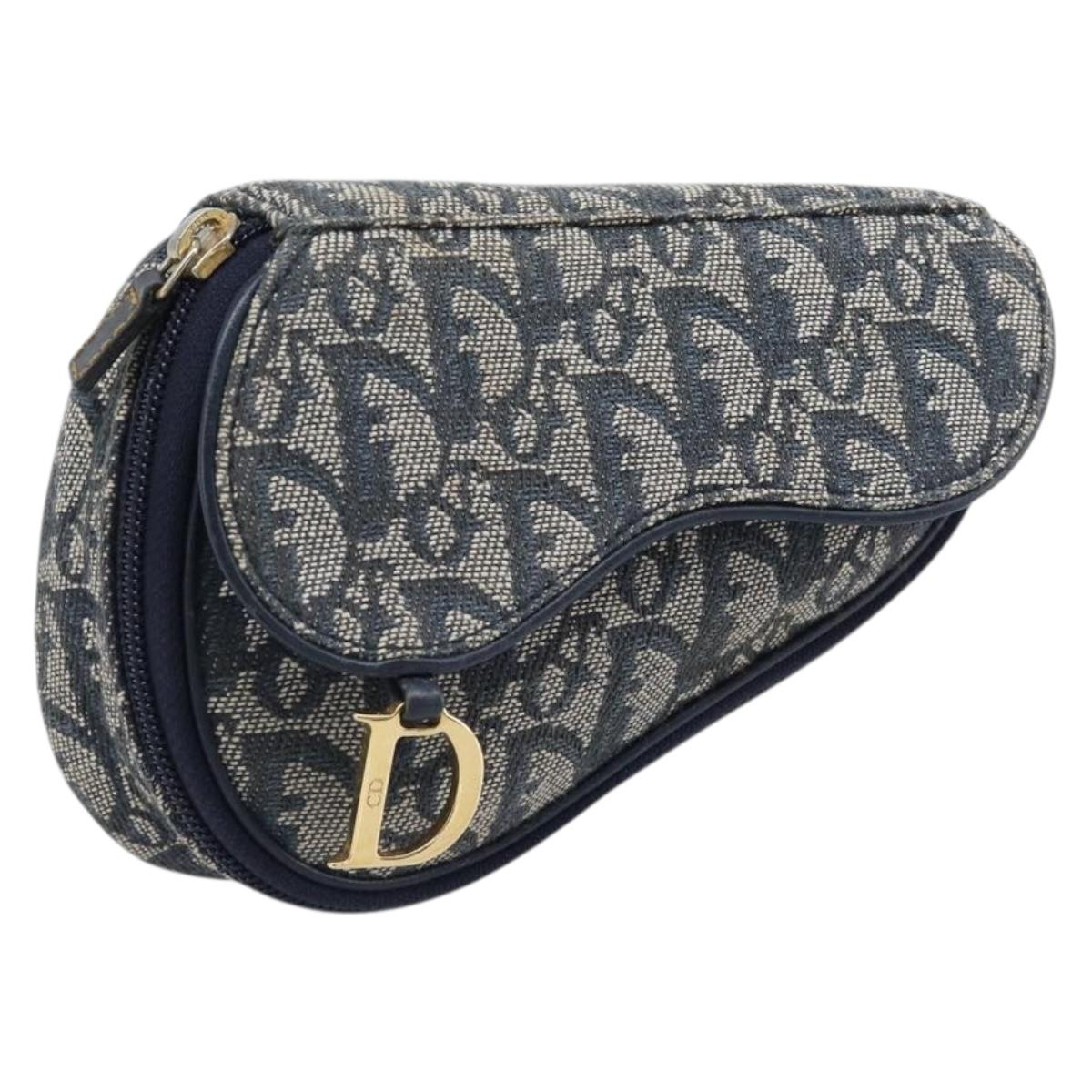 Christian Dior Trotter Canvas Saddle Pouch Navy Gold Tone Auth ar14184