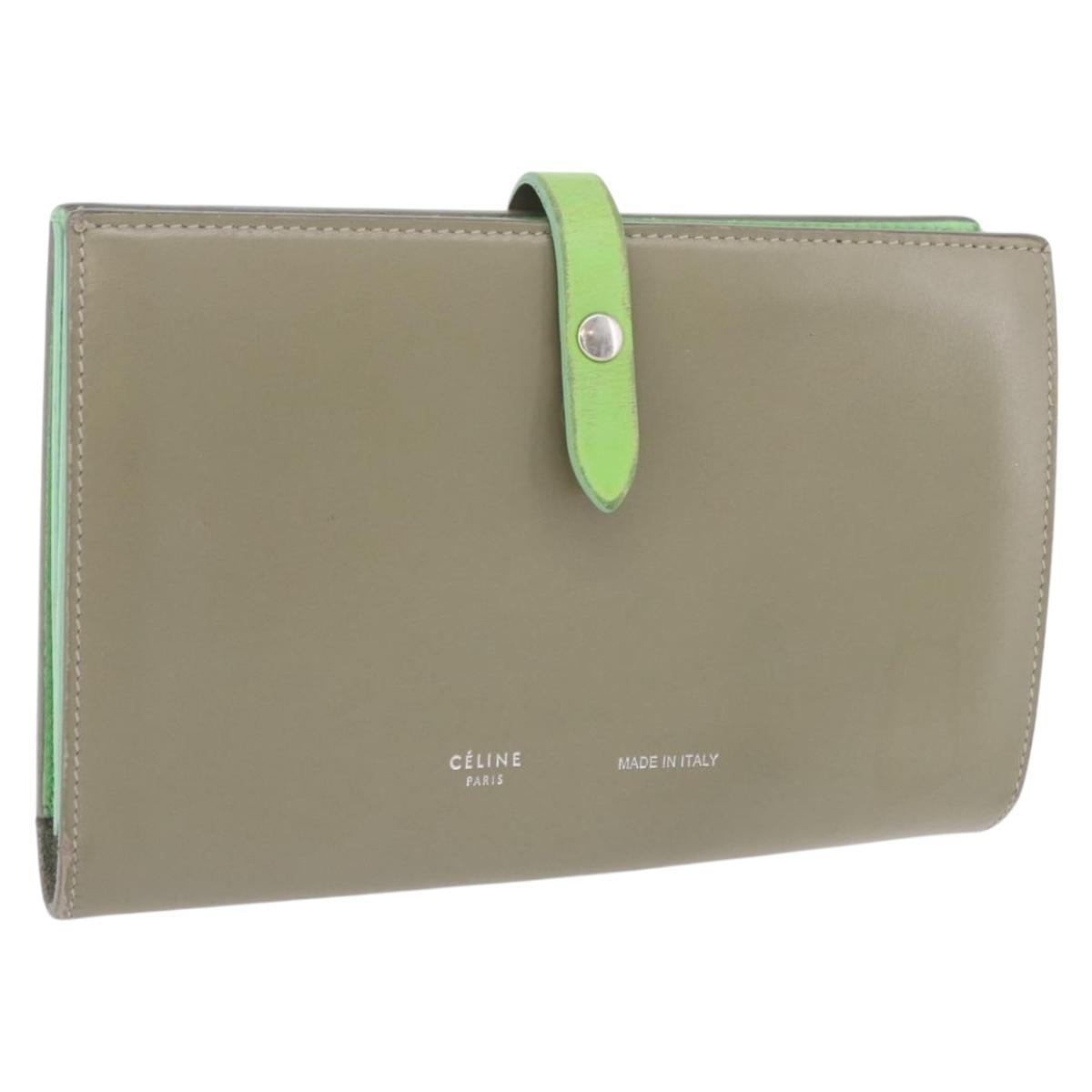 CELINE Bifold Wallet Leather Beige Green Auth ar14185